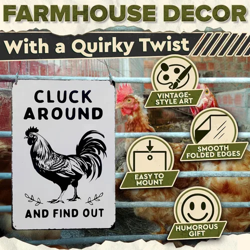 Miniatura 5 de Letrero de gallinero humorístico – 12 x 8 pulgadas, decoración rústica de gallo de hojalata para granero o cocina, letrero de metal de granja