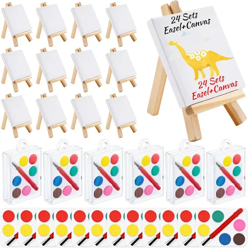 Juego de 24 mini lienzos de pintura, mini arte acrílico, recuerdo de fiesta, juego de pintura de acuarela con panel, caballete de madera, tiras de