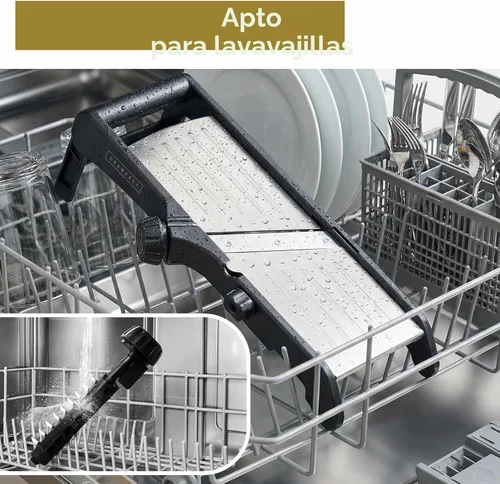 Miniatura 8 de Cortador de alimentos con mandolina, ajustable de acero inoxidable con cortador de gofres, corte arrugado, papas fritas, cebolla vegetal Negro