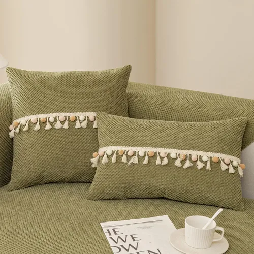 Miniatura 15 de vctops Funda de sofá bohemia con borlas con pompones, funda de sofá modular de pana súper suave, antideslizante, lavable, protector de muebles Verde