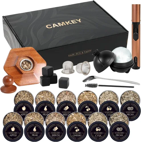 Kit ahumador de whisky de 23 piezas con soplete - 12 astillas de madera, molde para bolas de hielo, kit infusor ahumador para cócteles, kit ahumador
