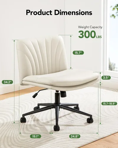 Miniatura 3 de Marsail Silla de escritorio de oficina sin brazos con ruedas, silla ancha de piel sintética con patas cruzadas, cómodas sillas giratorias ajustables
