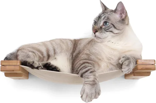 Miniatura 12 de CatastrophiCreations Hamaca para gatos montada en la pared para subir y jugar muebles estante de árbol para gatos Onyx Bambú/Lona Natural