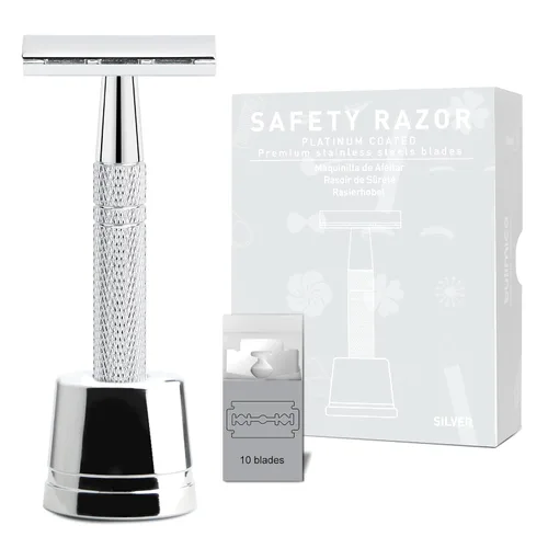 Miniatura 18 de Maquinilla de afeitar de seguridad azul, navajas de una sola hoja para hombres Reusable Metal Razor, with 10 Platinum Coated Double Edge Blades