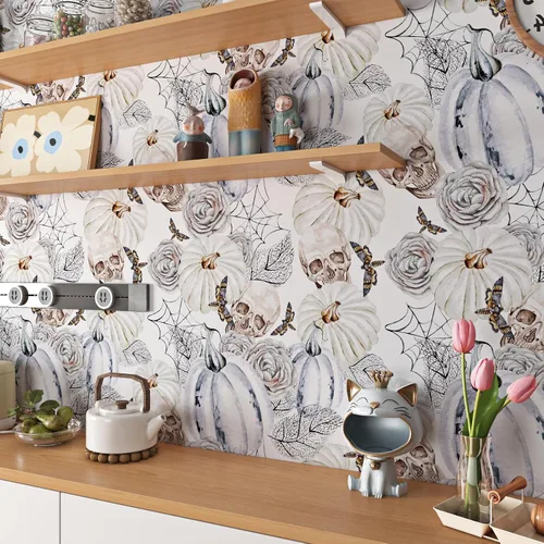 Miniatura 6 de ReWallpaper Papel tapiz gris y blanco con diseño de calavera, calabaza, papel tapiz gótico para despegar y pegar, papel de pared para dormitorio