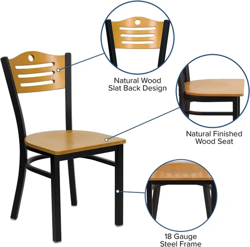 Miniatura 4 de Flash Furniture HERCULES Series Silla de restaurante de metal con respaldo de listones negros, respaldo y asiento de madera natural Respaldo