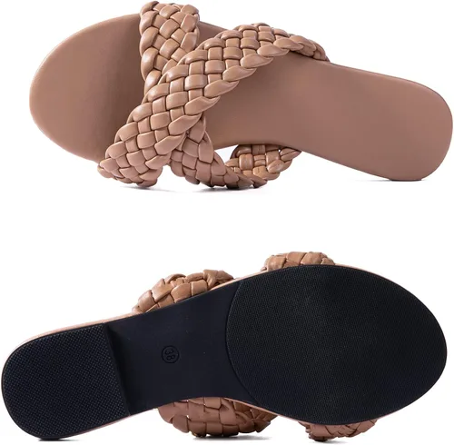 Miniatura 5 de Sandalias planas para mujer con tiras cruzadas de cuero trenzado color piel sandalias de moda para fiestas noche y bodas