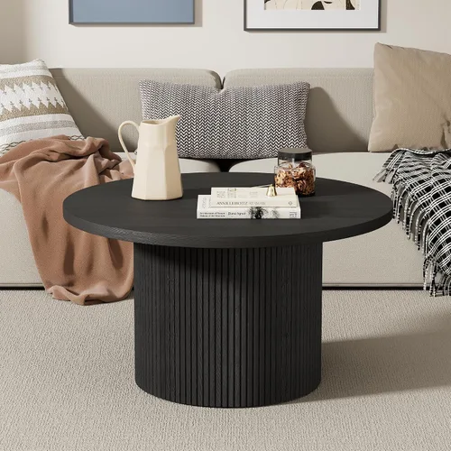 Miniatura 6 de Furniway Mesa de centro redonda, mesa de centro circular de 35.4 pulgadas de ancho, mesa de madera y mesa central para sala de estar, color negro