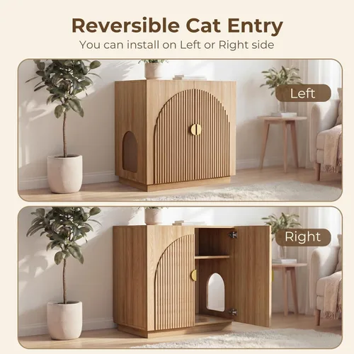 Miniatura 6 de Amunrbrek Caja de arena grande, armario oculto estriado para gatos con almacenamiento, aparador curvado simétrico (natural)