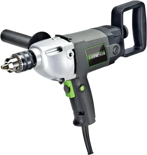 Genesis Taladro eléctrico de 1/2 pulgada y 9.0 amperios de velocidad variable con botón de bloqueo, mango auxiliar de tres posiciones, mango de pala