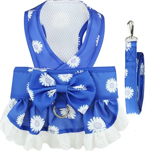BAEJMJK Juego de arnés y correa para perros pequeños, vestido de cachorro con lazo floral para niña, transpirable, lindo vestido de princesa para