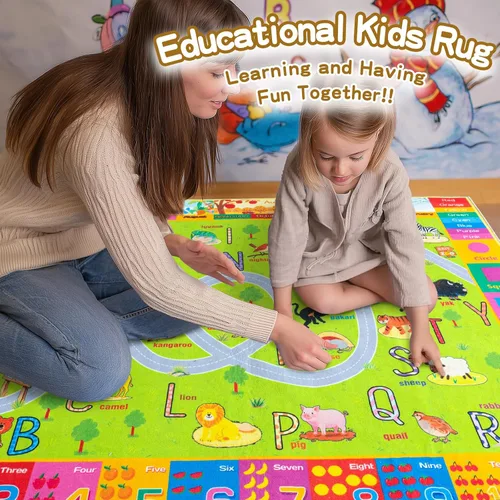 Miniatura 5 de Alfombra interactiva de juego para niños, de 4 x 6 pies, alfombra educativa para aprendizaje temprano con alfabeto, números, animales