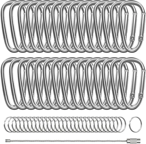 Miniatura 8 de 30 piezas de mosquetones de aluminio, mosquetones de resorte en forma de D de 2" con 30 llaveros de gancho para llavero