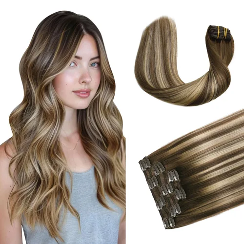 Miniatura 18 de XDhair Extensiones de cabello humano Remy con pinzas, color marrón medio #4, mezclado con rubio caramelo #27, 3.53 oz, 6