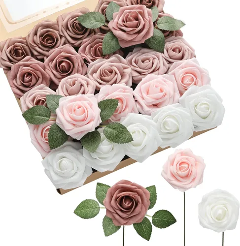 DerBlue 60 rosas artificiales de aspecto real, rosas artificiales de espuma para decoración de bodas, arreglos, fiestas, decoración del hogar (tonos