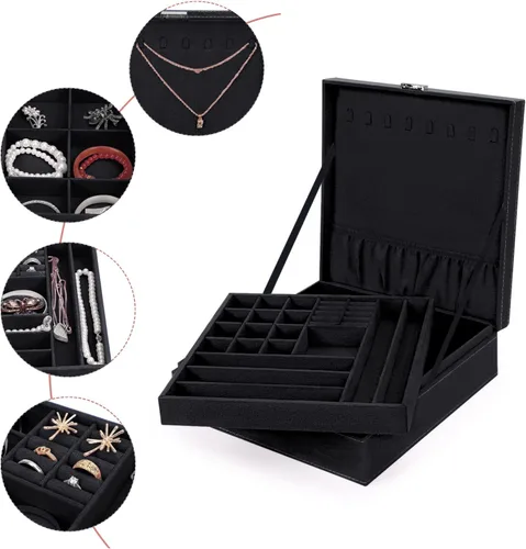 Miniatura 4 de MOSISO Joyero, organizador de almacenamiento de joyas, apilable, de doble capa, con bloqueo, para mujeres, collar, aretes, pulsera, anillo y broche