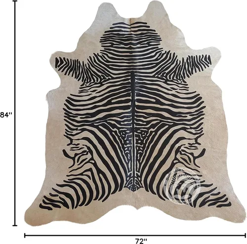 Miniatura 3 de Alfombra de piel de vaca auténtica con estampado de cebra negra sobre beige de 6 x 7 pies 70.9 x 82.7 in