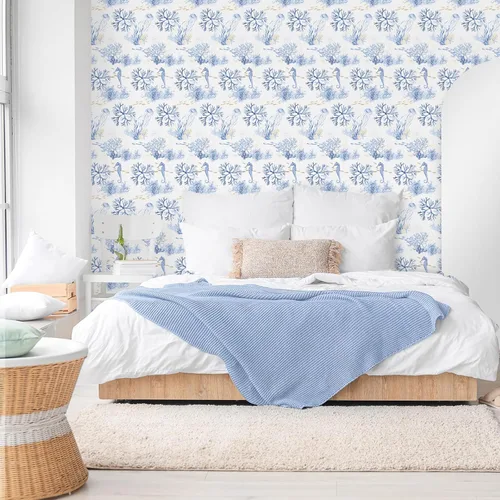 Miniatura 2 de RUSPEPA - Papel tapiz de despegar y pegar, tema de océano azul con diseño de arrecife de coral y vida marina, papel adhesivo impermeable