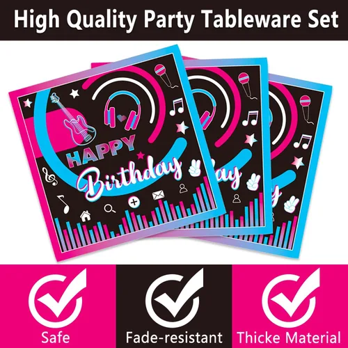 Miniatura 4 de Juego de vajilla de 168 piezas de suministros para fiestas musicales, platos de papel desechables, servilletas, tazas, cubiertos para decoración