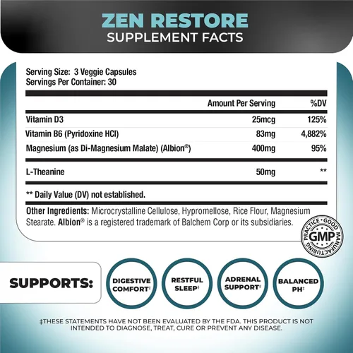 Miniatura 3 de Nutrology Zen Restore - 400 mg de malato de magnesio, vitamina D3 y L-teanina, apoya el sueño, la recuperación muscular y el bienestar suprarrenal
