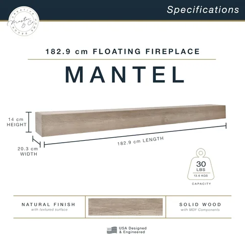 Miniatura 2 de MCS Master & Co - Mantel flotante de madera maciza de madera maciza con diseño antiguo de Master & Co de 72 pulgadas, estante flotante largo