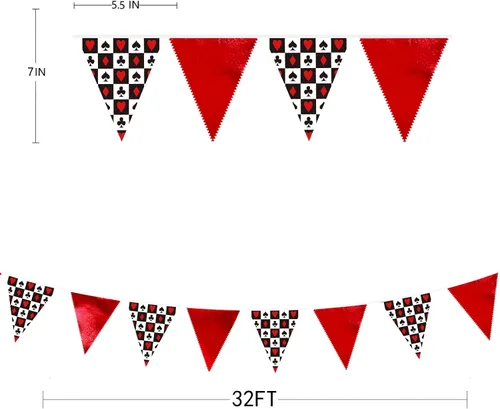 Miniatura 7 de Decoraciones de fiesta de casino de 32 pies, pancarta roja y negra, bandera triangular, banderines de tela para noche de juegos, temática de Las