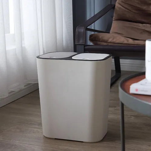 Miniatura 5 de Bote de basura de doble compartimento para residuos de cocina, contenedor de basura blanco con tapa para separación seca y húmeda, elegante cubo
