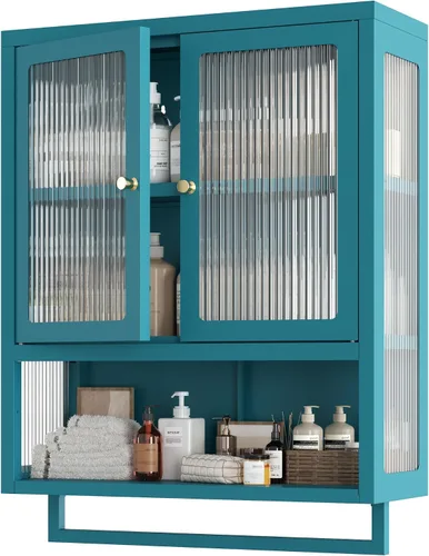 Armario de pared de baño con 2 puertas de vidrio, botiquín de baño con barra de toallas y estantes, gabinete de almacenamiento sobre el inodoro,