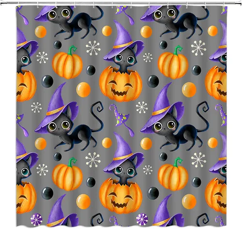 Miniatura 5 de Cortina de ducha de Halloween, castillo aterrador, calabaza, camión, calavera, murciélago de terror, luna llena, bruja, tela gótica, juego