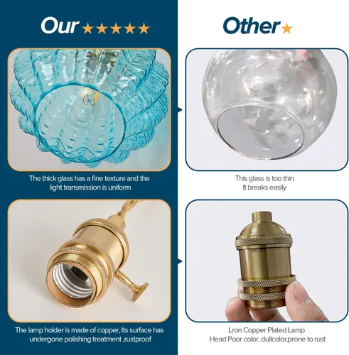 Miniatura 5 de Lámpara colgante vintage de 7.9 pulgadas, 1 luz, luces colgantes para isla de cocina con vidrio soplado a mano de cobre azul, pequeña lámpara