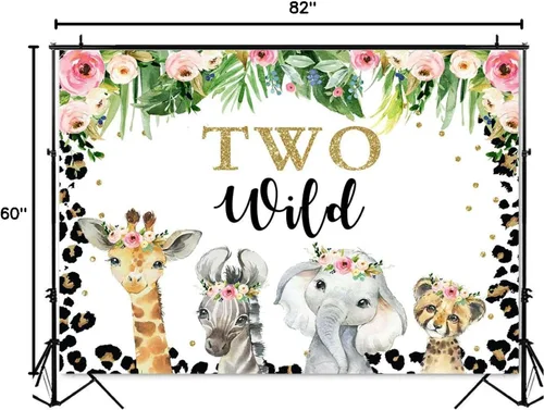 Miniatura 8 de Mocsicka Fondo de dos salvajes para niñas, safari en la selva, animales de 2º cumpleaños, decoración de fiesta de cumpleaños floral, fondo de fotos