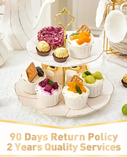 Miniatura 6 de DUJUST Torre de porcelana de lujo de 2 niveles para cupcakes, bandeja de servir estilo británico con borde dorado, soporte de exhibición de postres