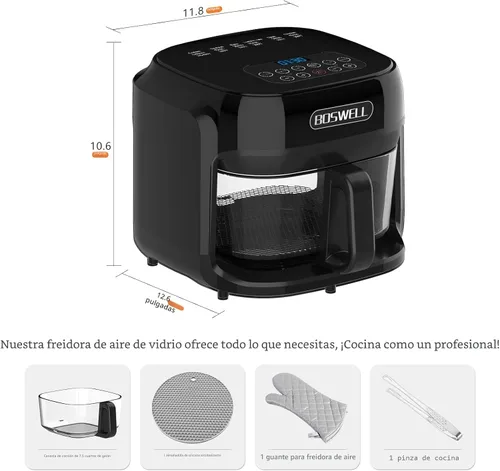 Miniatura 6 de Freidora de Aire de Vidrio BOSWELL, 7.5 Quarts con Cuenco Transparente, Calefacción Circulante, Control de Temperatura, Freidora de Asar al Aire