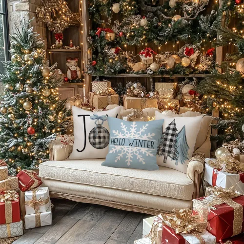 Miniatura 4 de GEEORY Juego de 4 fundas de almohada de Navidad de 18 x 18 pulgadas para decoraciones de Navidad, árbol de Navidad, alegría, nieve, Navidad feliz