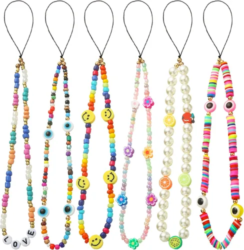 Miniatura 16 de 6 dijes con cuentas para teléfono, correas con cuentas de frutas, estrellas, perlas falsas y arcoíris, cadenas de teléfono con cuentas para cámara
