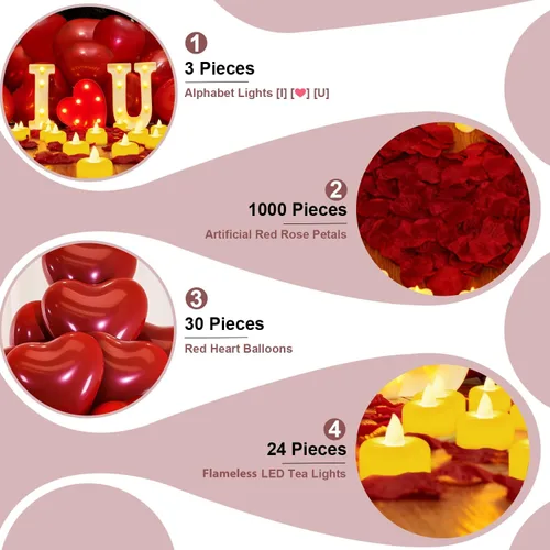 Miniatura 3 de Homemory Letras Iluminadas "I Love U" para Propuestas y Decoraciones, Letrero de "I Love U" con 24 Velas Sin Llama, 1000 Pétalos de Rosa Rojos 1