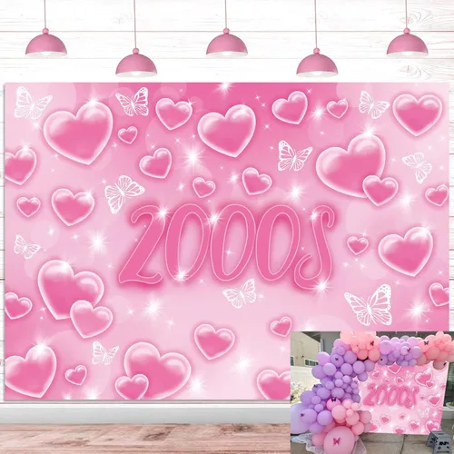 Miniatura 8 de Fondo de fotos de principios de la década de 2000 de 7 x 5 pies, fondo de corazón negro con purpurina Y2k, decoración de fiesta de moda temprana