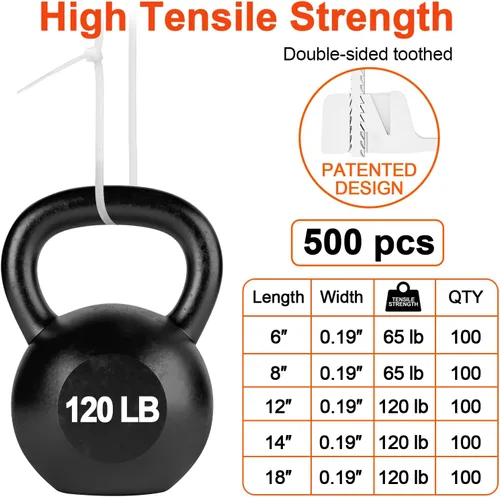 Miniatura 4 de Bridas de Cremallera de Tamaños Variados, Paquete de 500, 6+8+12+14+18 Pulgadas de Doble Cara Dentada, 120 LBS de Resistencia a la Tracción, Bridas