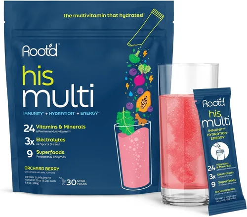 Root'd Polvo multivitamínico para hombres - 24 vitaminas y minerales con 3X electrolitos, 9 superalimentos orgánicos, probióticos y enzimas,