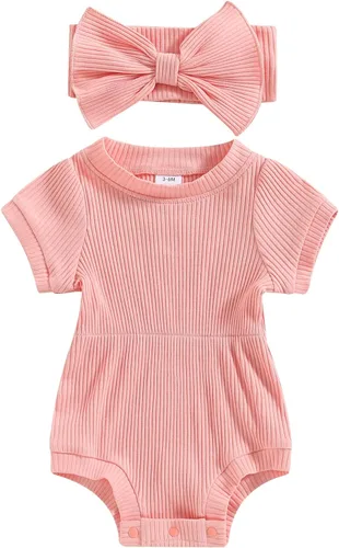 Miniatura 78 de Traje de verano para niña pequeña, de manga corta, acanalado, overol liso, pantalones cortos, ropa para recién nacidos