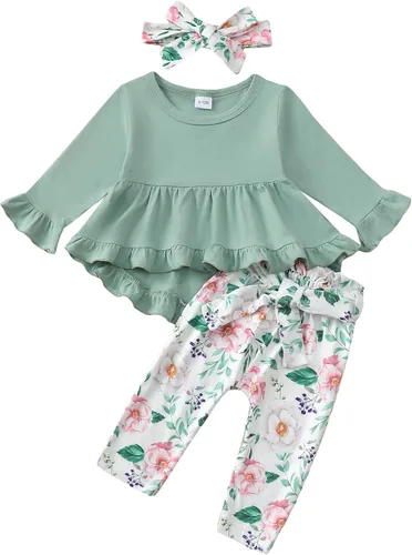 Miniatura 131 de Kucnuzki Conjunto de ropa para bebé niña pequeña, camisa de manga con volantes, pantalón floral, ropa de otoño e invierno para niña