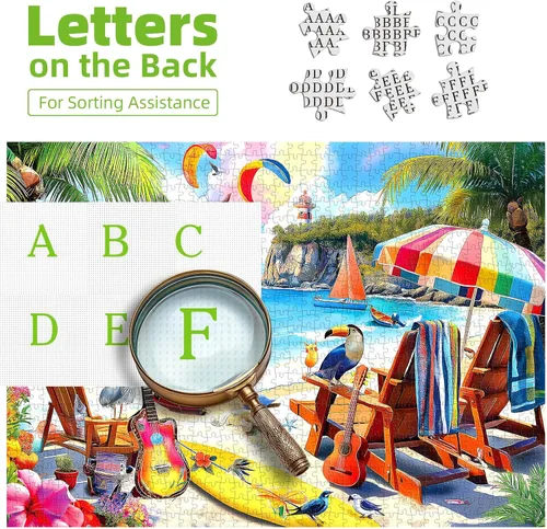 Miniatura 3 de Rompecabezas de 500 piezas para adultos, vibrante escena tropical de playa con palmeras, rompecabezas para adultos, silla de playa, veleros
