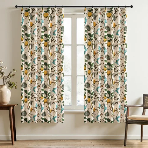 Miniatura 16 de Cortinas beige para cocina, 36 pulgadas de largo, diseño floral botánico de limón y colibrí, cortinas plisadas para oscurecer la habitación