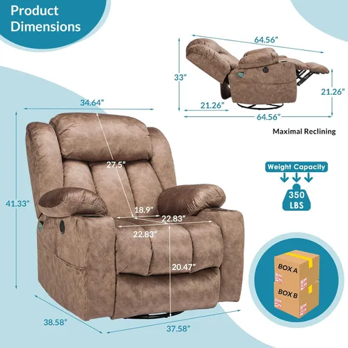 Miniatura 2 de Silla reclinable manual giratoria de 360 grados con masaje y calor, puertos USB, bolsillos laterales y portavasos, tela de terciopelo (marrón)