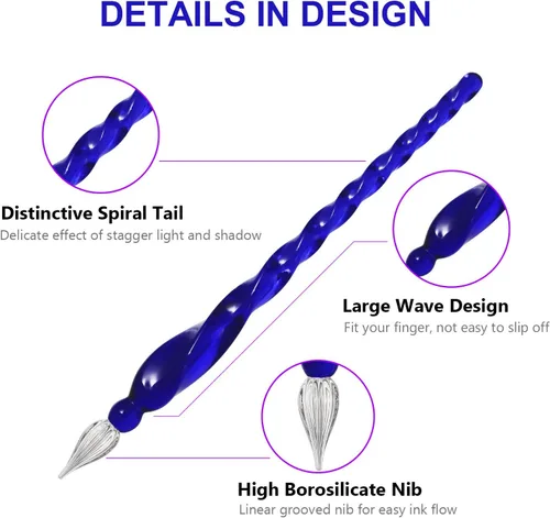 Miniatura 3 de ESSSHOP Juego de Plumas de Vidrio para Caligrafía - 3 Plumas de Inmersión de Cristal Azul con Tinta de Color y Soporte para Pluma, Kit