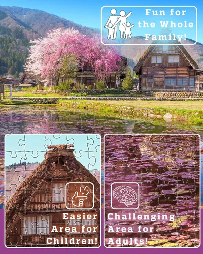 Miniatura 4 de Rompecabezas de 1000 piezas para adultos – Villa escénica con cerezos en flor, caja lista para regalo, letras en la parte posterior, 8 hojas Cerezos