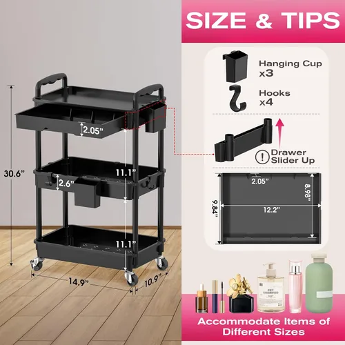 Miniatura 2 de Goovilla Carrito Organizador de Maquillaje Rodante con Cajón Extraíble, Carrito de Almacenamiento de Cuidado de la Piel de 3 Niveles Estable Negro
