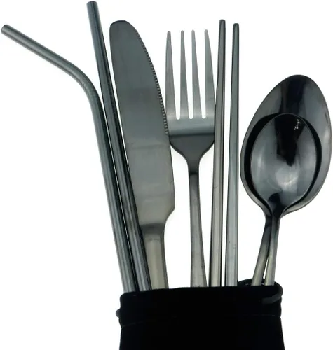 Miniatura 2 de Utensilios negros reutilizables con estuche, saludables y ecológicos, juego de vajilla portátil de acero inoxidable de 8 piezas, juego de vajilla