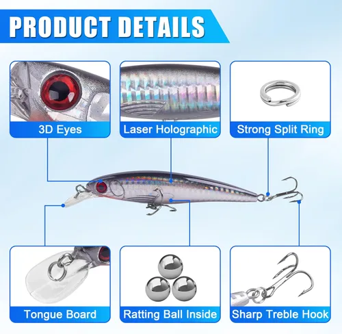 Miniatura 2 de Jerkbait - Kit de señuelos de pesca de agua salada, señuelos de pesca de surf, señuelos para buceo profundo, Jerkbait Popper Plugs Hard Minnow