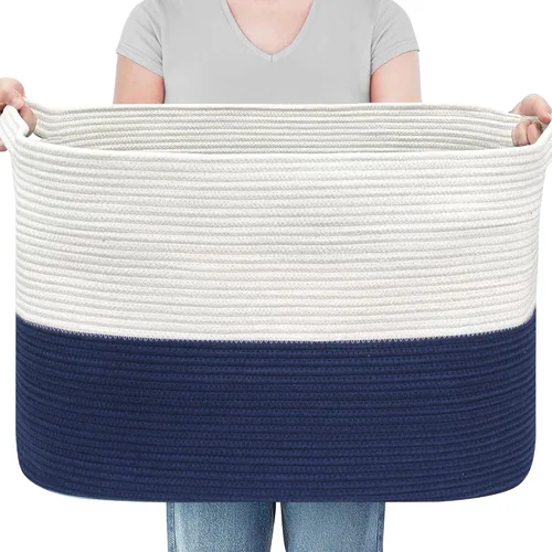 Miniatura 12 de MEGASKET Cesta de almacenamiento grande de color rosa, 22 x 17 x 12 pulgadas, contenedor rectangular de cuerda de algodón para organizar, Blanco